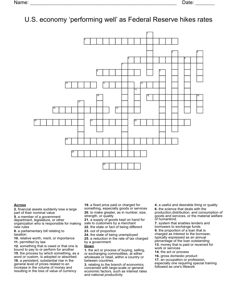 U.S. economy ‘performing well’ as Federal Reserve hikes rates Crossword