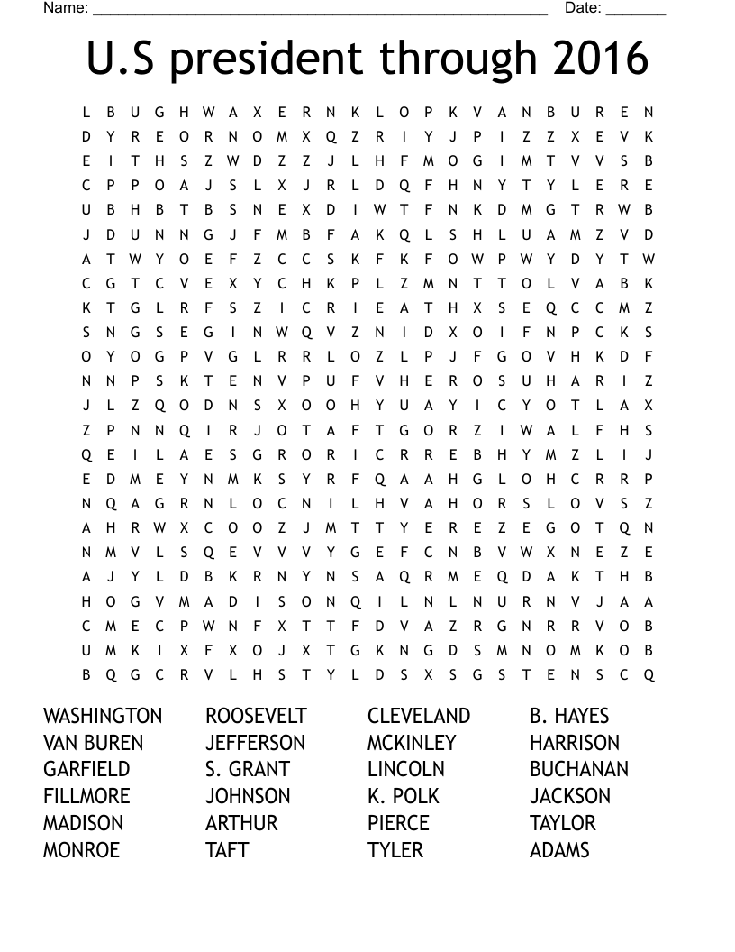 U.S president through 2016 Word Search