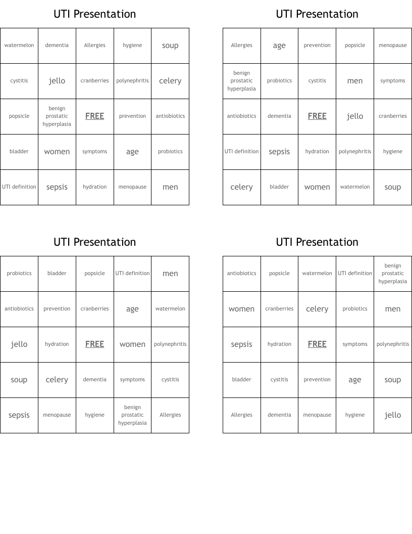 UTI Presentation Bingo Cards