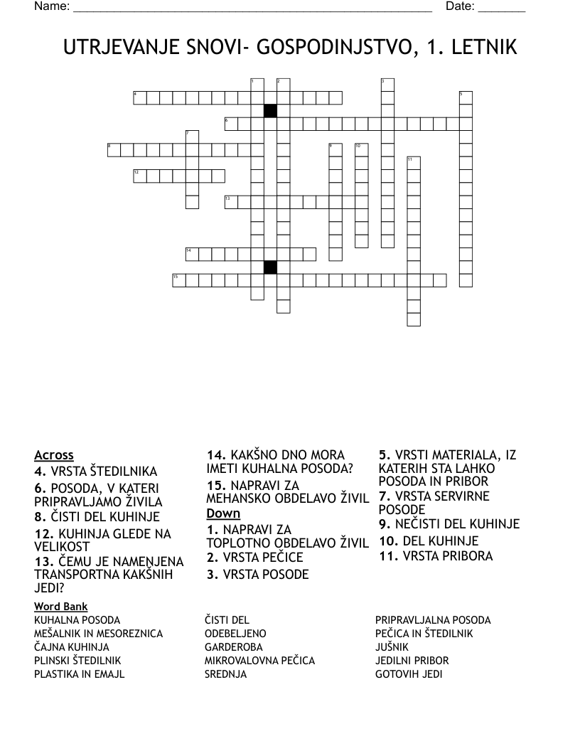 UTRJEVANJE SNOVI- GOSPODINJSTVO, 1. LETNIK  Crossword