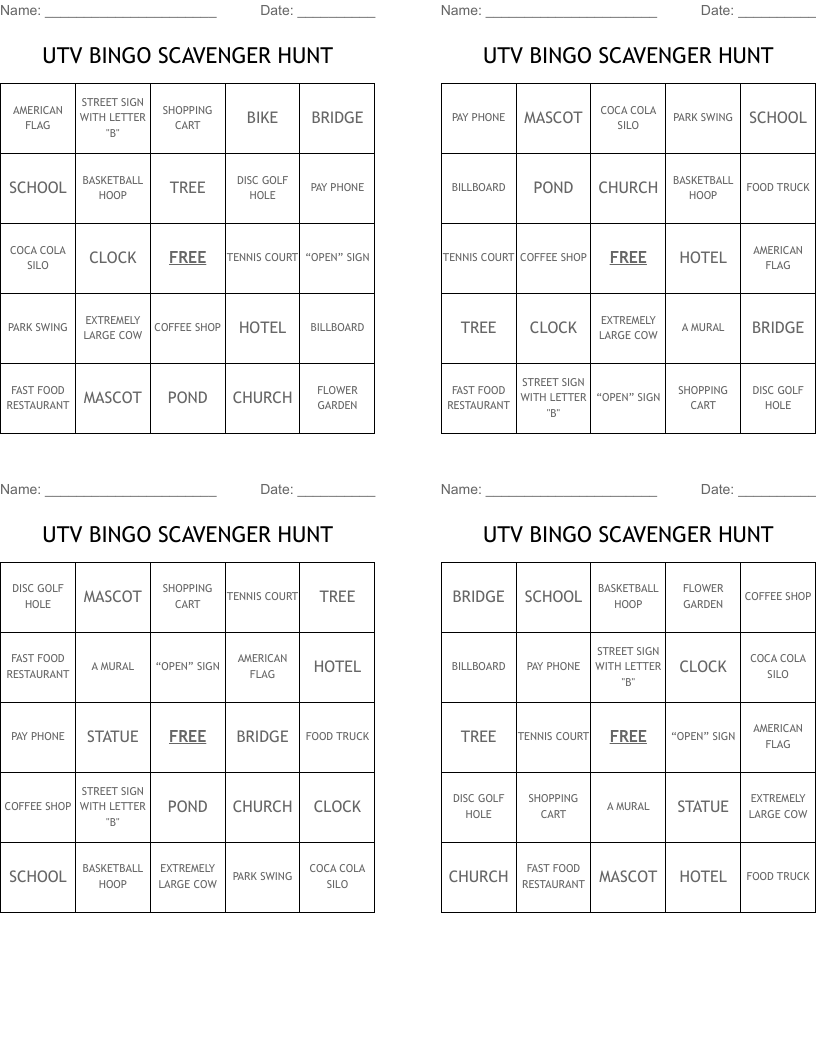 UTV BINGO SCAVENGER HUNT