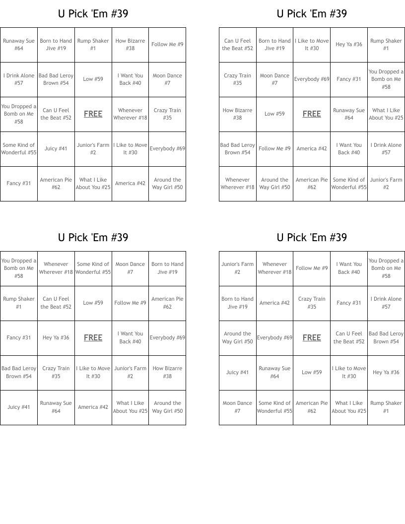 U Pick 'Em  #39  Bingo Cards