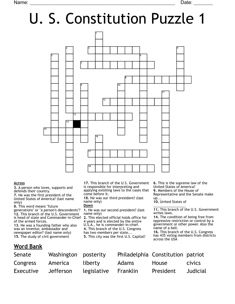 U. S. Constitution   Puzzle 1 Crossword