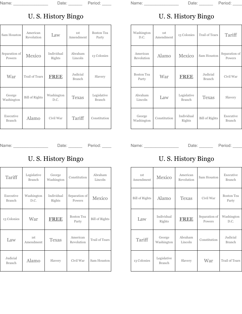 U. S. History Bingo