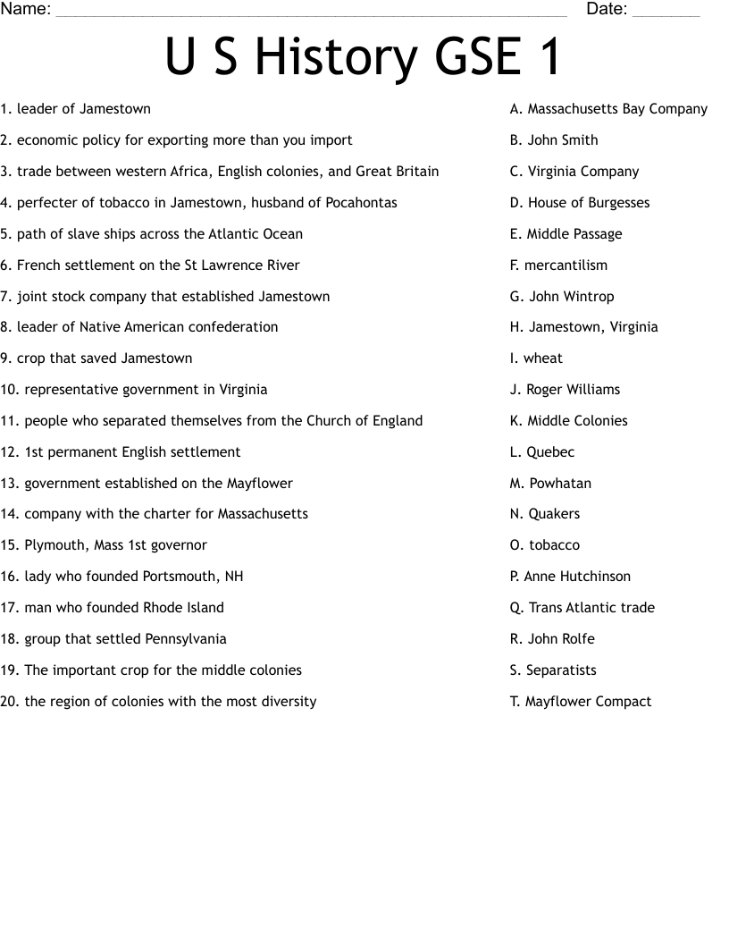 U S History GSE 1 Worksheet