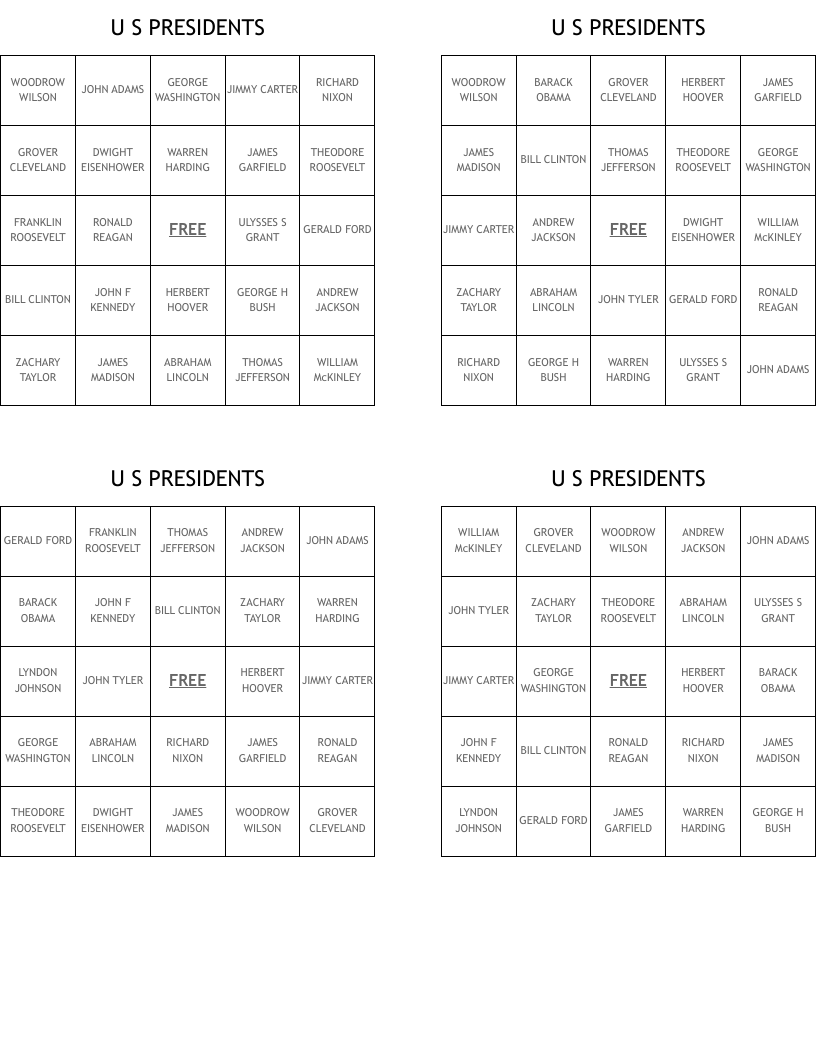 U S PRESIDENTS Bingo Cards