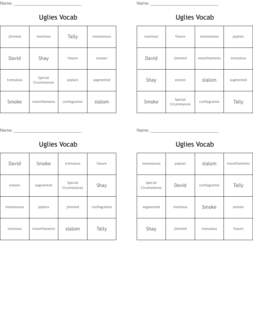 Uglies Vocab Bingo Cards