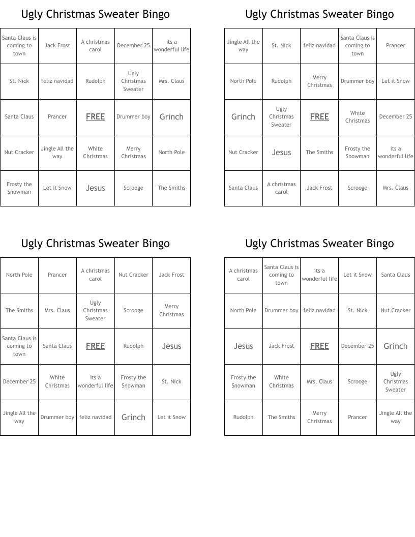 Ugly Christmas Sweater Bingo