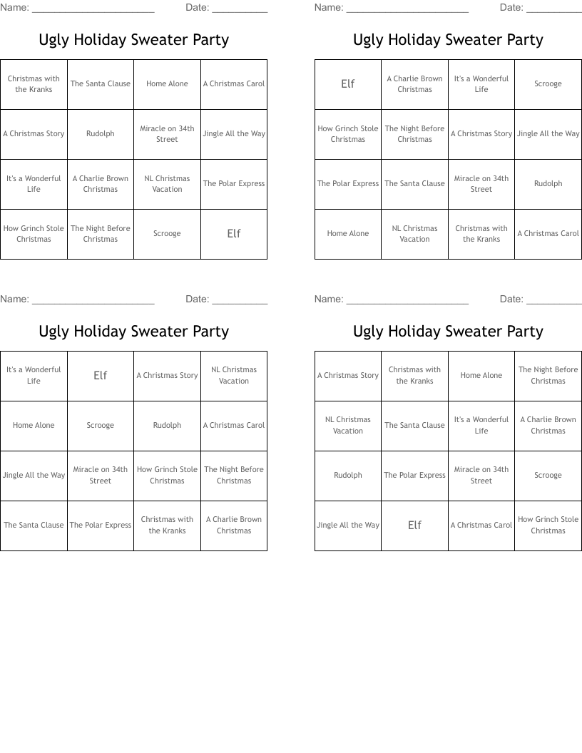 Ugly Holiday  Sweater Party Bingo Cards