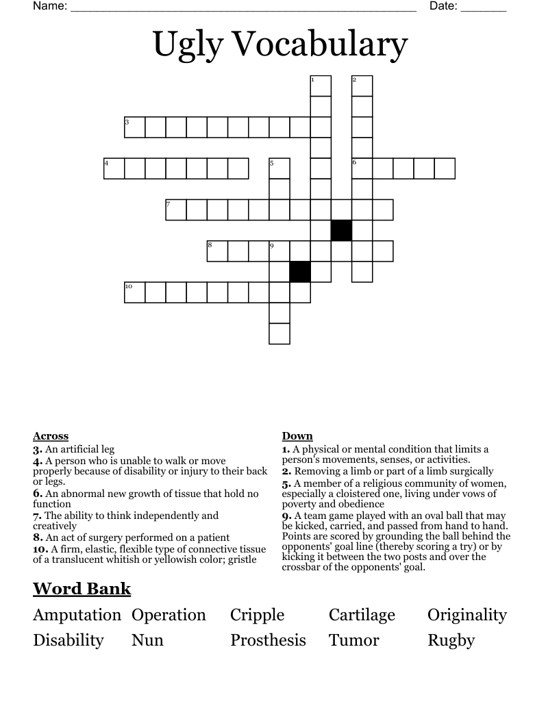 Ugly Vocabulary Crossword