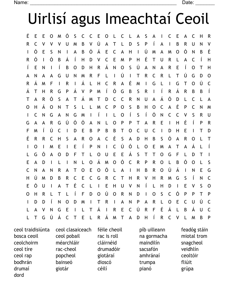 Uirlisí agus Imeachtaí Ceoil Word Search