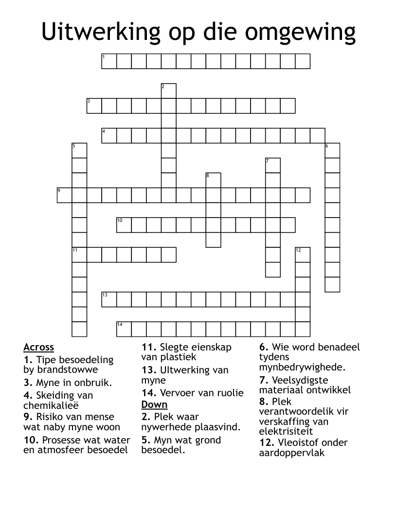 Uitwerking op die omgewing Crossword
