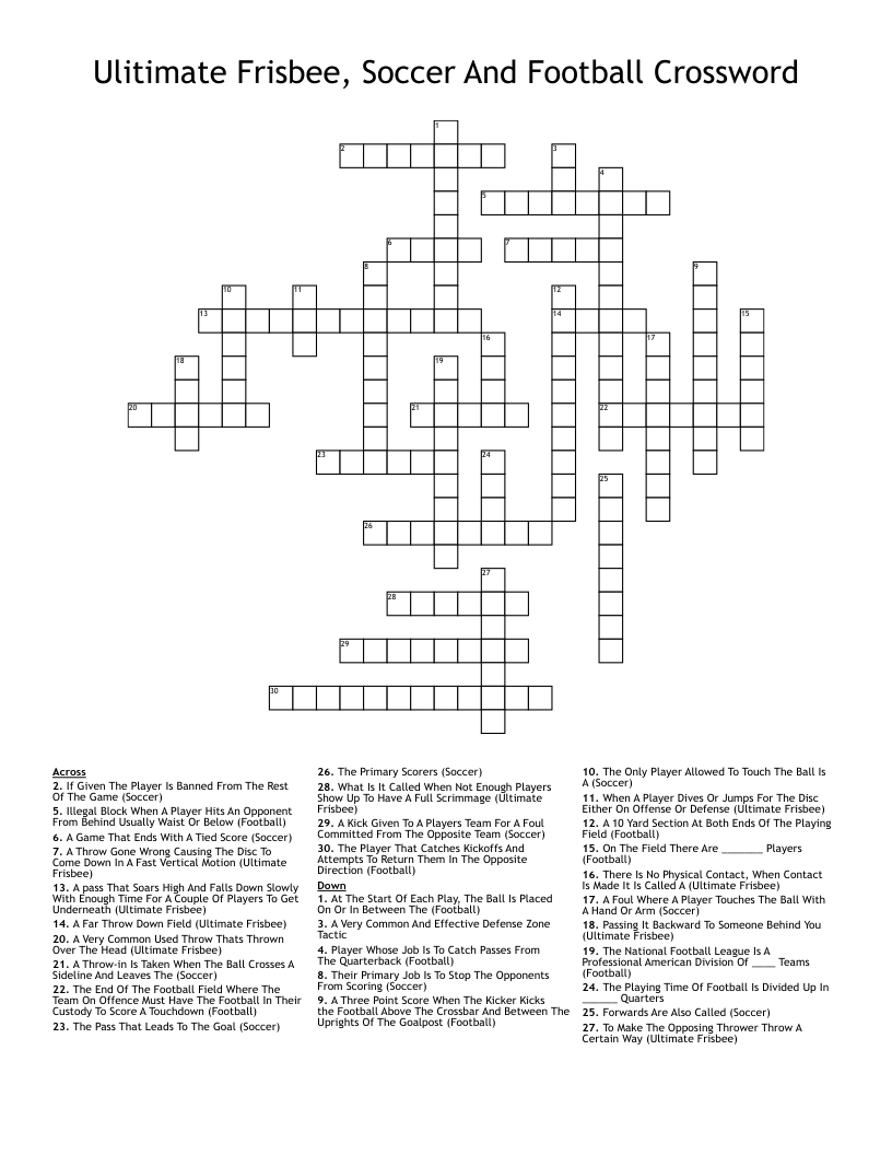 Ulitimate Frisbee, Soccer And Football Crossword