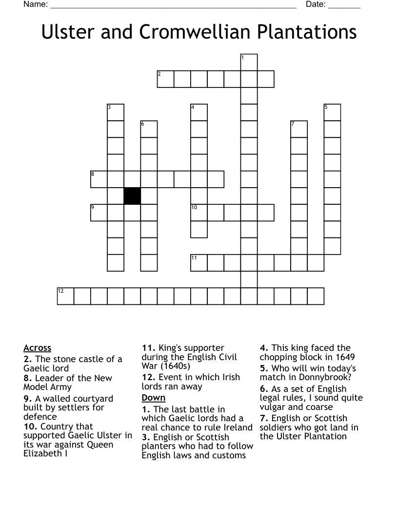 Ulster and Cromwellian Plantations Crossword