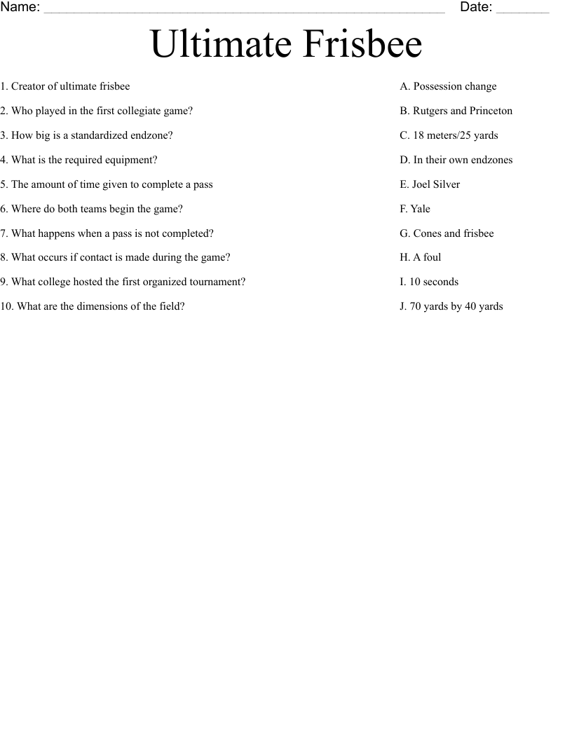 Ultimate Frisbee Worksheet