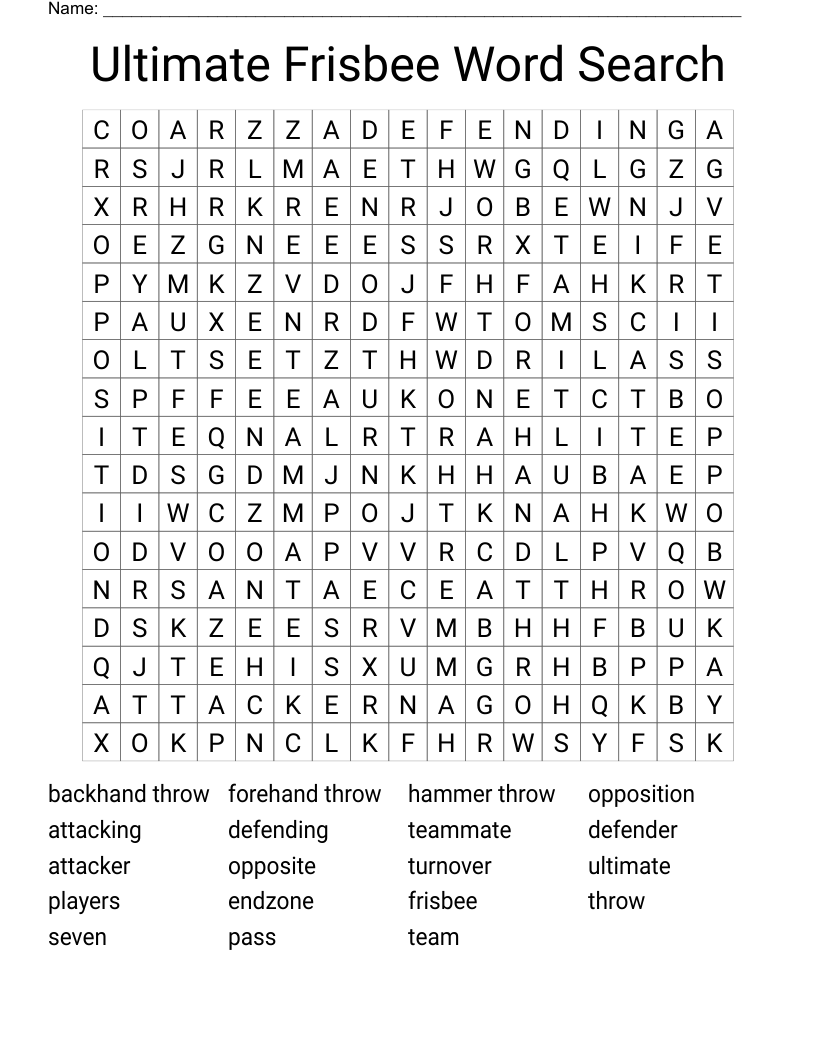 Ultimate Frisbee Word Search 
