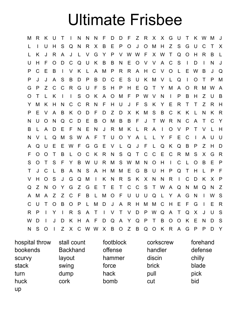 Ultimate Frisbee  Word Search