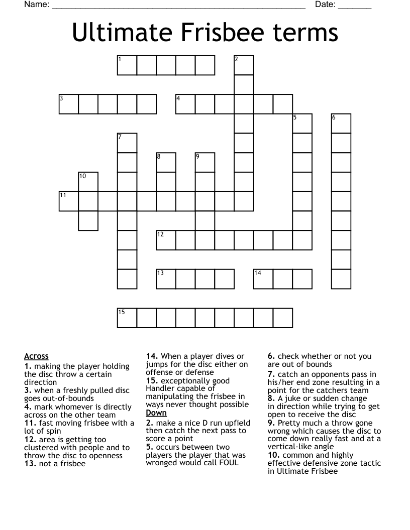 Ultimate Frisbee terms Crossword