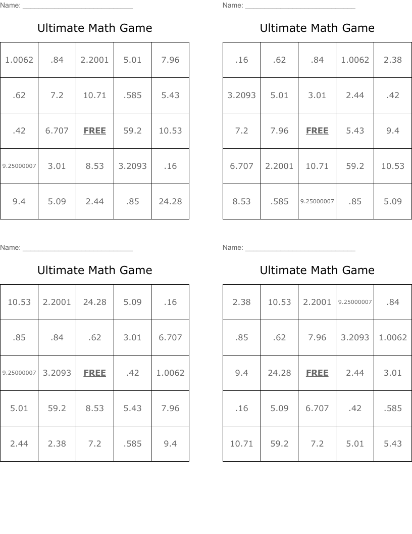Ultimate Math Game Bingo Cards