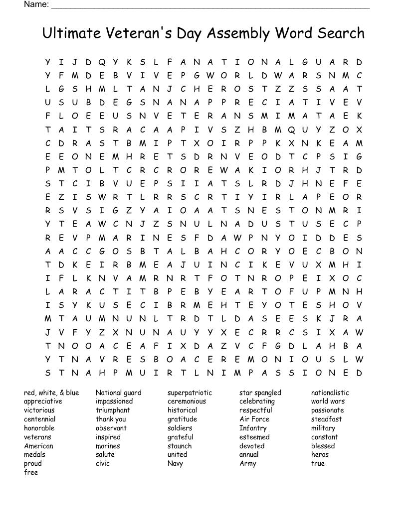 Ultimate Veteran's Day Assembly Word Search