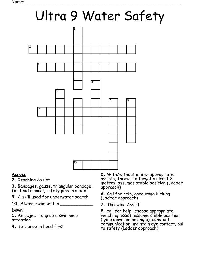 Ultra 9 Water Safety Crossword