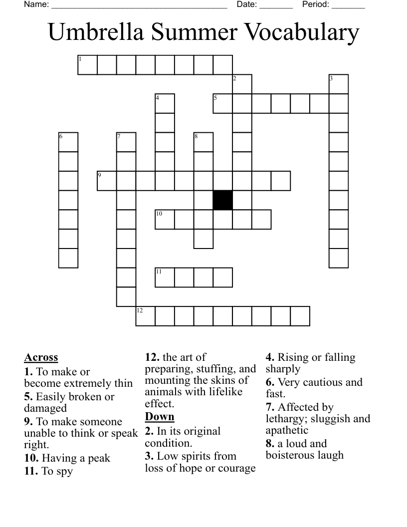 Umbrella Summer Vocabulary Crossword