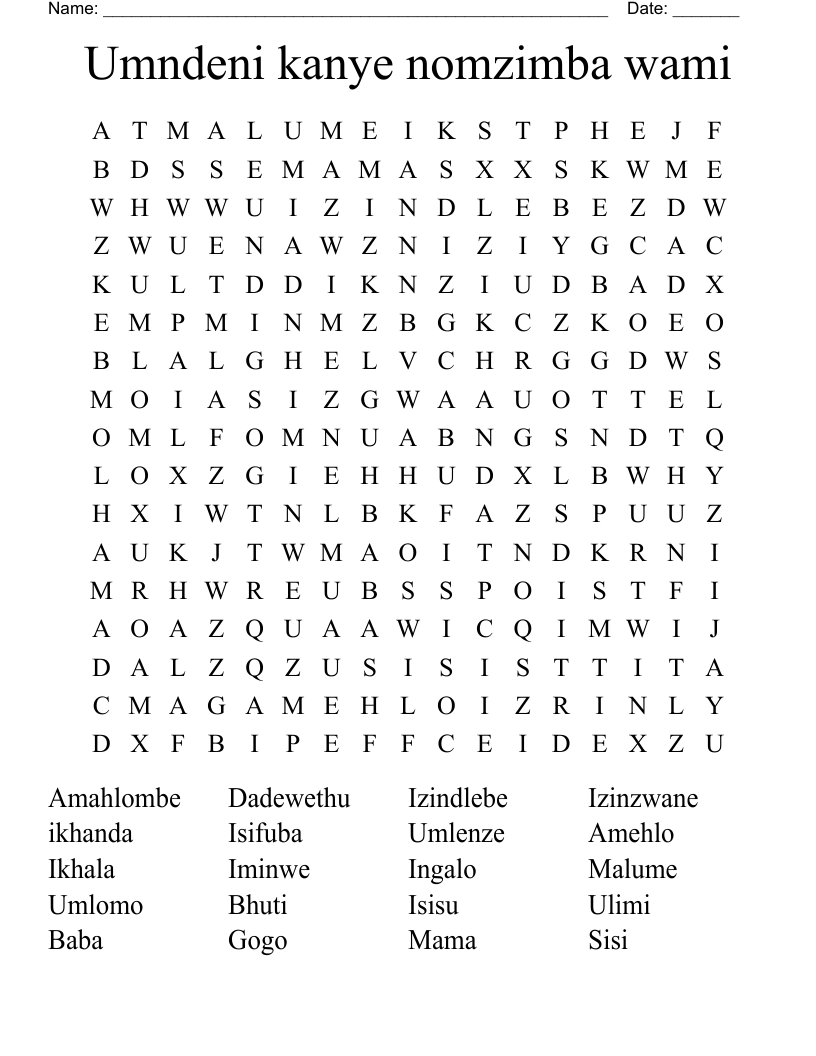 Umndeni kanye nomzimba wami Word Search
