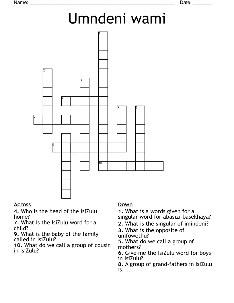 Umndeni wami Crossword