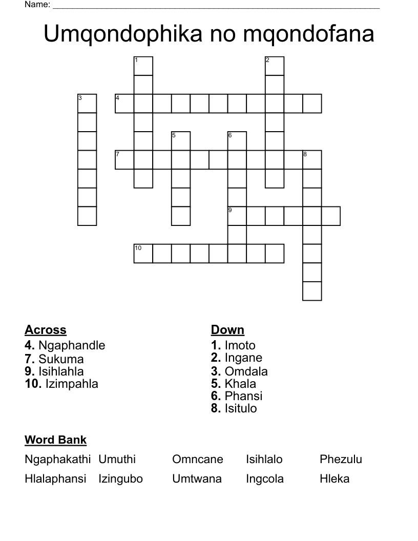 Umqondophika no mqondofana Crossword