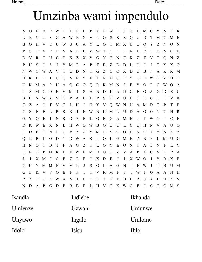Umzinba wami impendulo Word Search