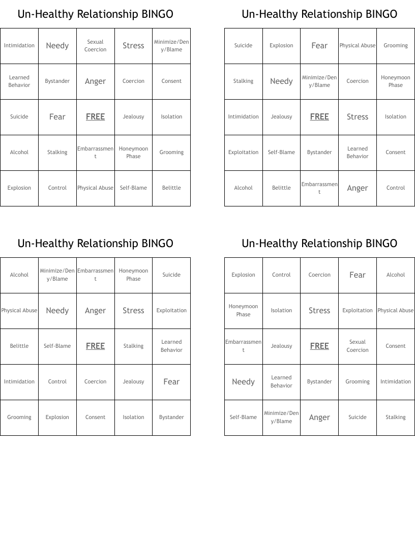 Un-Healthy Relationship BINGO