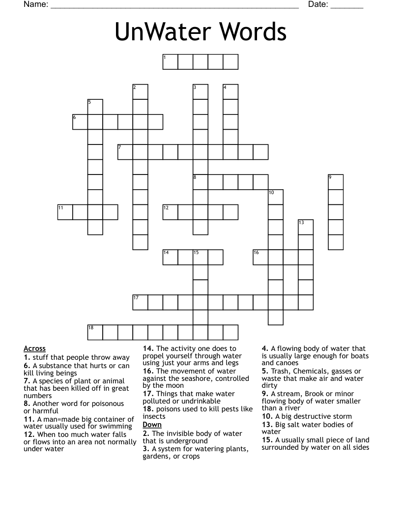 UnWater Words Crossword