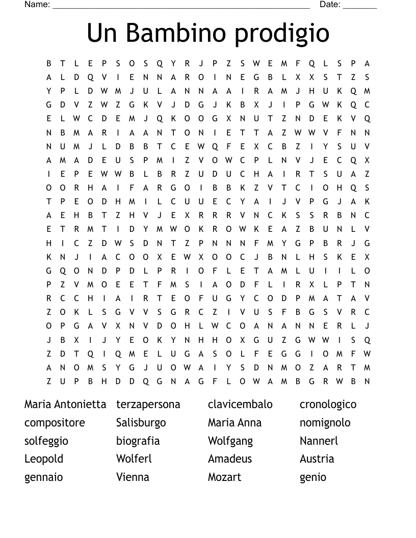 Un Bambino prodigio Word Search
