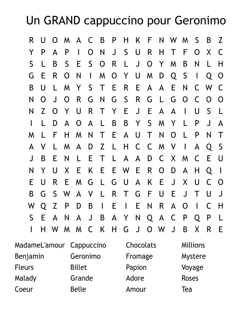 Un GRAND cappuccino pour Geronimo Word Search
