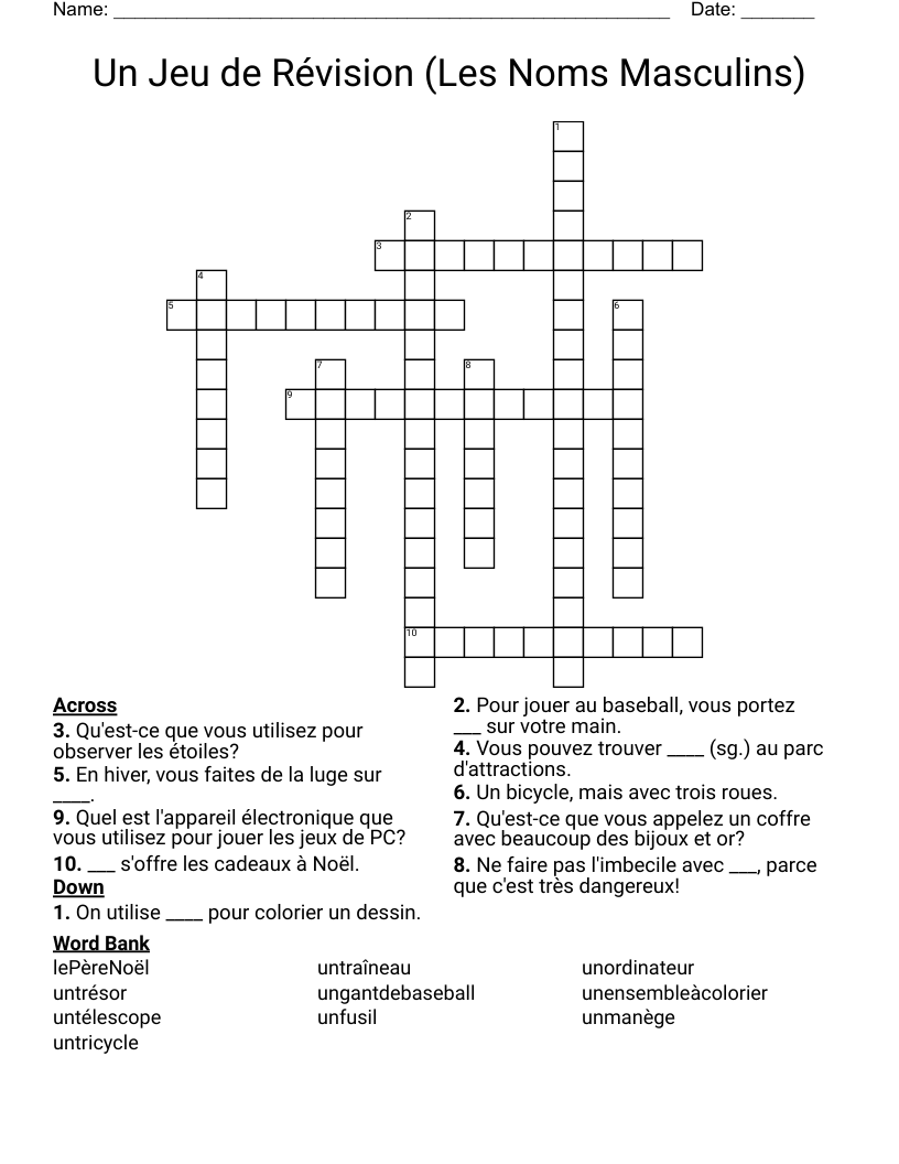 Un Jeu de Révision (Les Noms Masculins) Crossword