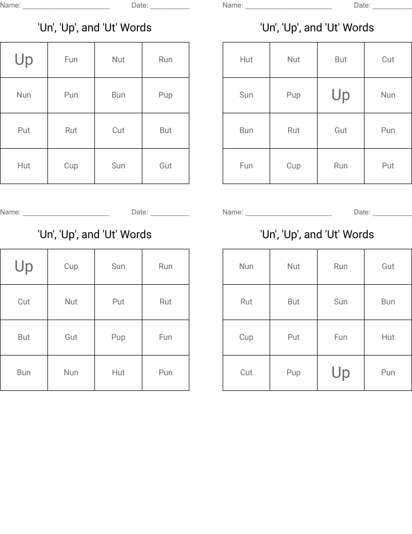 'Un', 'Up', and 'Ut' Words Bingo Cards
