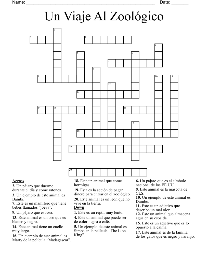 Un Viaje Al Zoológico Crossword