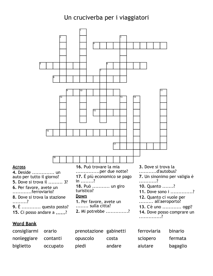 Un cruciverba per i viaggiatori                                              Crossword