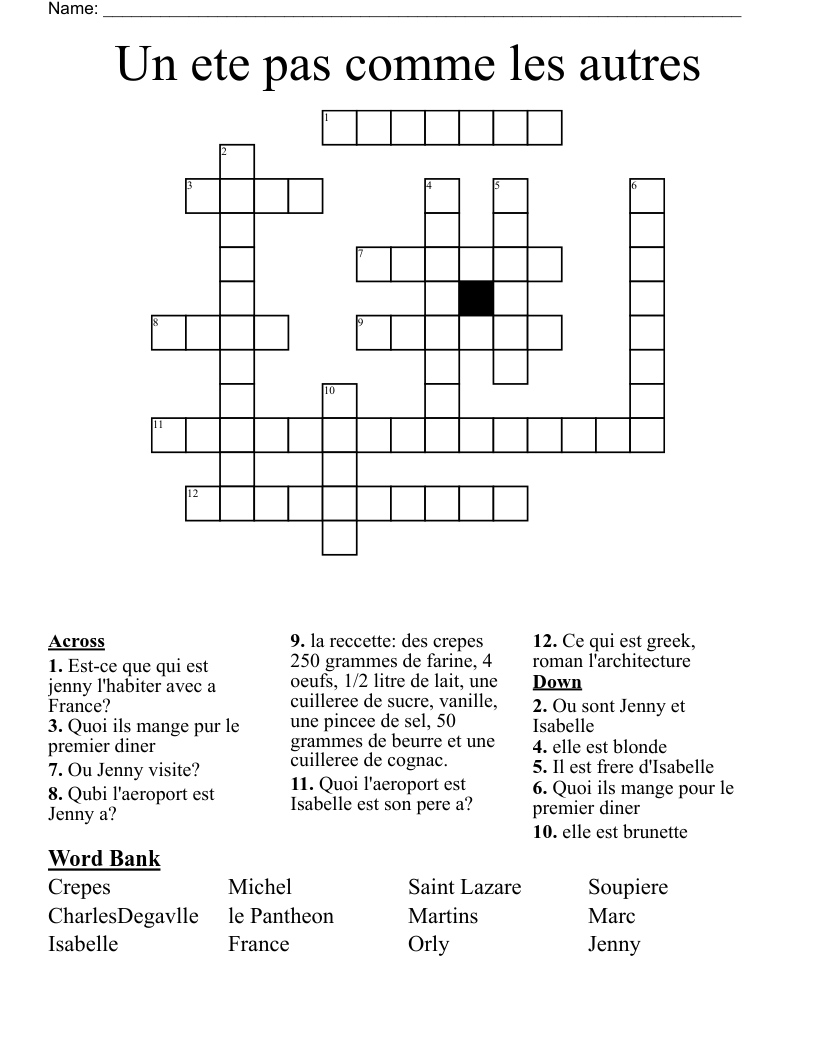 Un ete pas comme les autres  Crossword