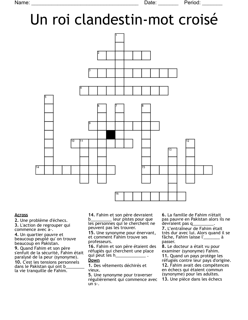 Un roi clandestin-mot croisé   Crossword