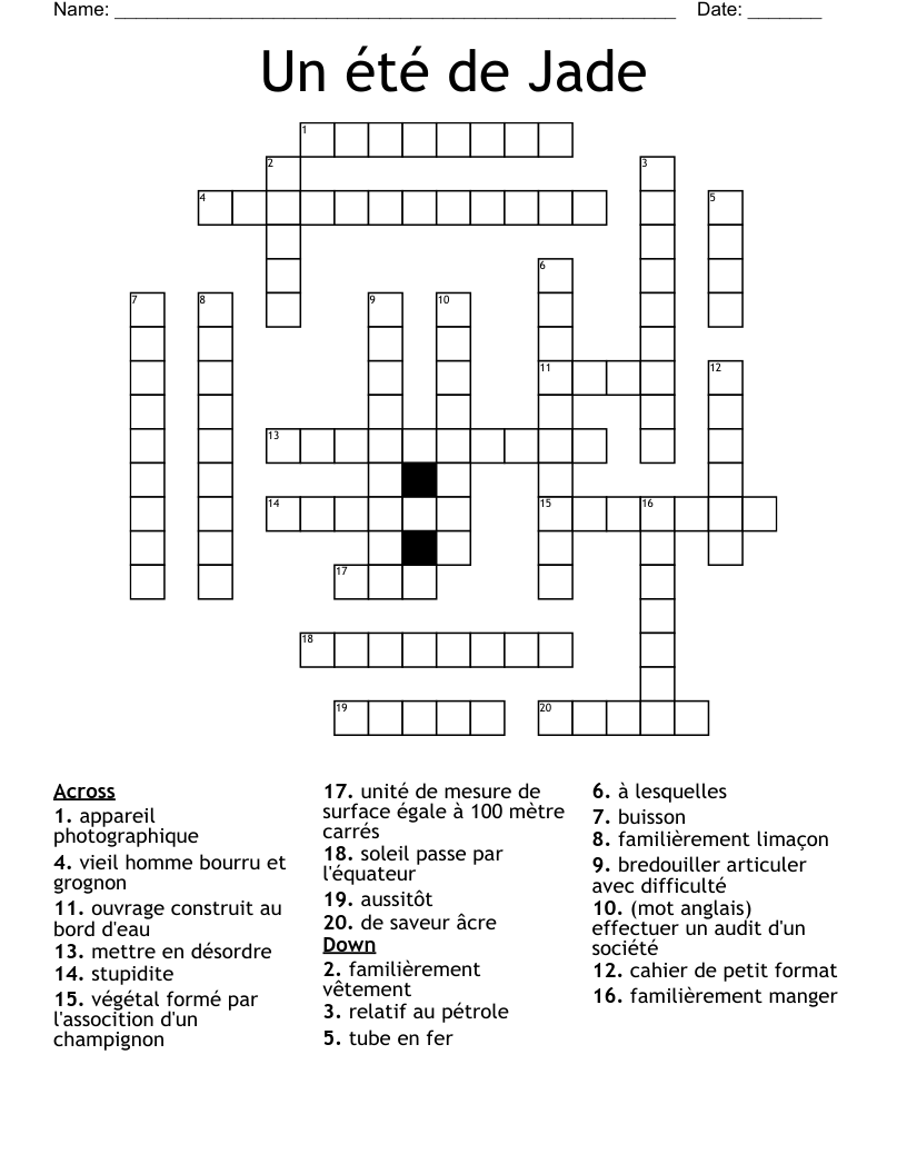 Un été de Jade Crossword