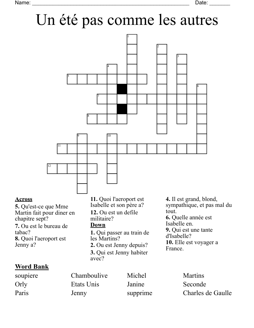 Un été pas comme les autres  Crossword