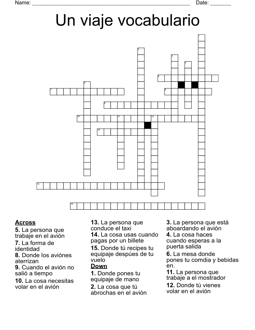 Un viaje vocabulario Crossword