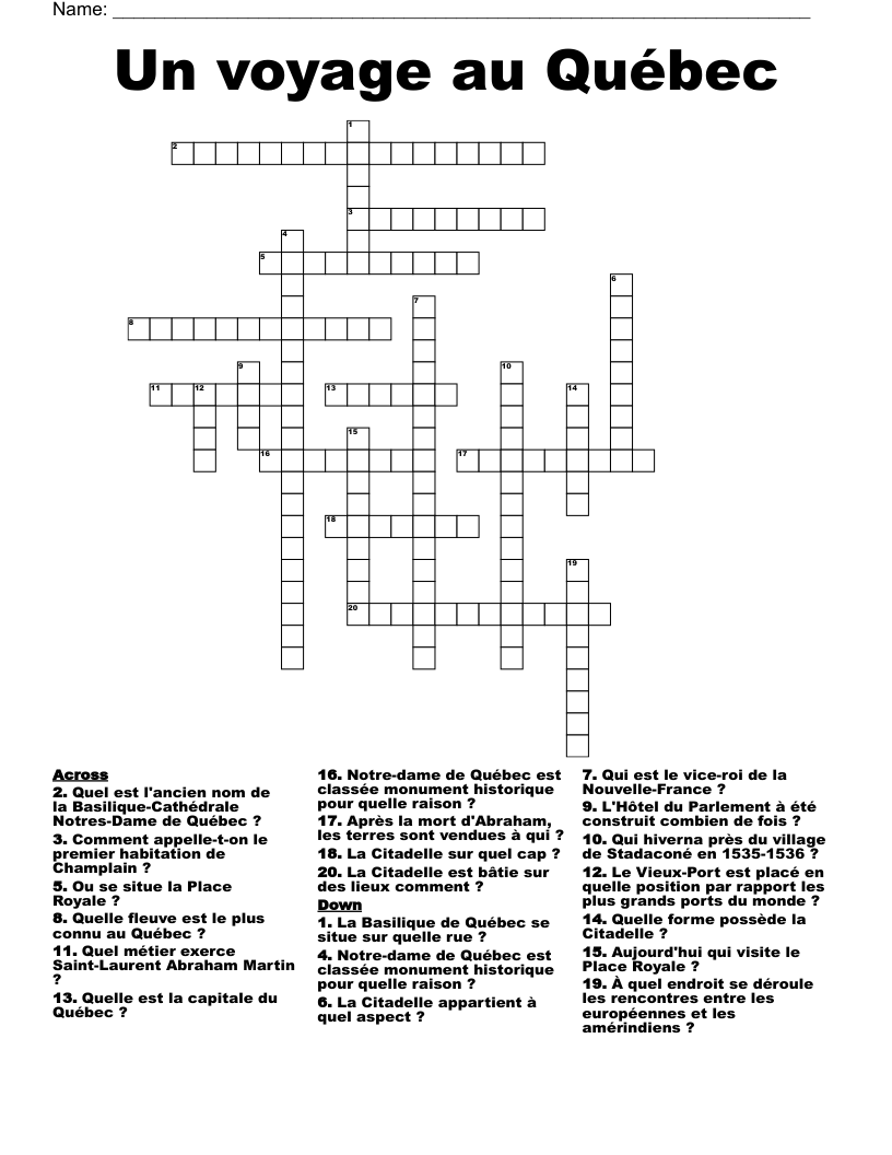 Un voyage au Québec Crossword