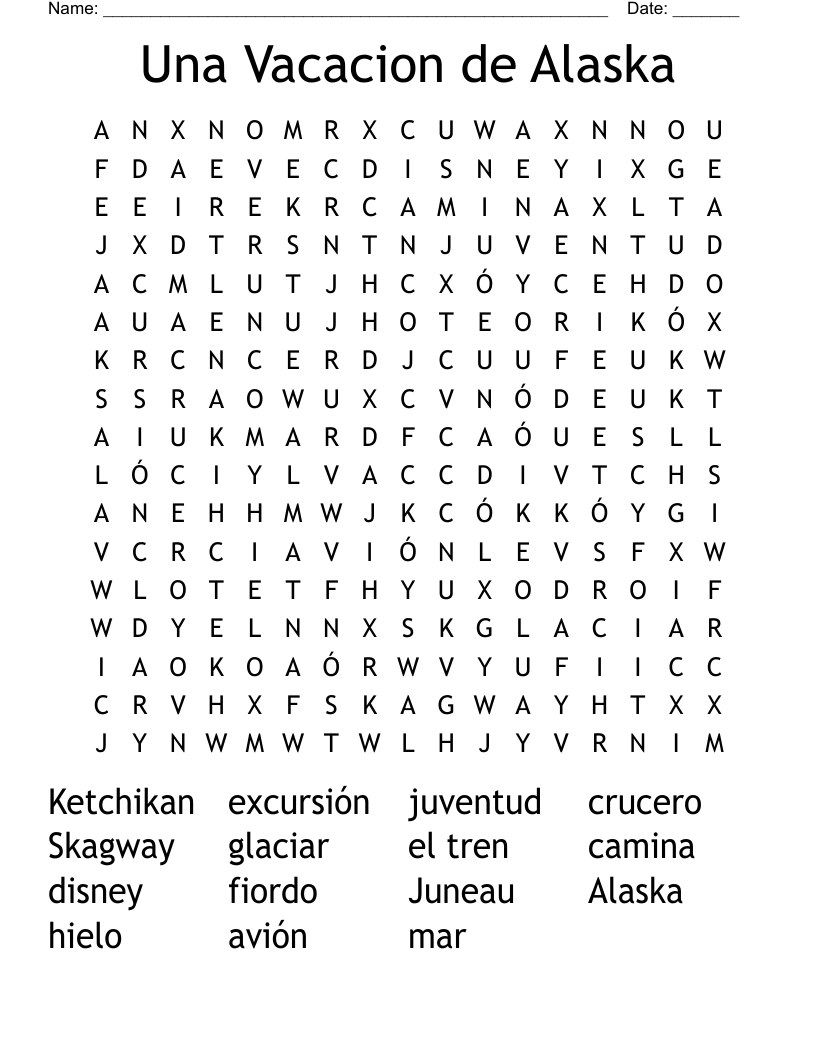 Una Vacacion de Alaska Word Search
