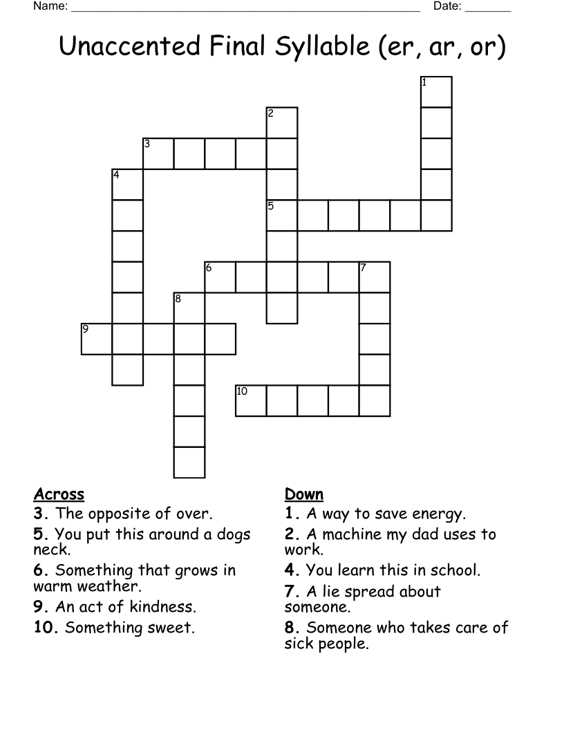 Unaccented Final Syllable (er, ar, or) Crossword