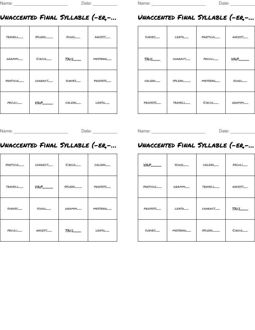 Unaccented Final Syllable (-er,-or,-ar,-our) BINGO !