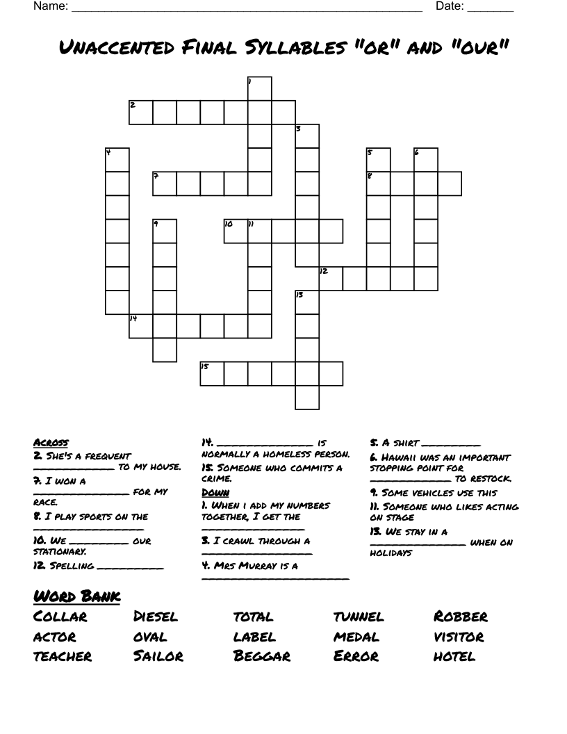 Unaccented Final Syllables "or" and "our" Crossword