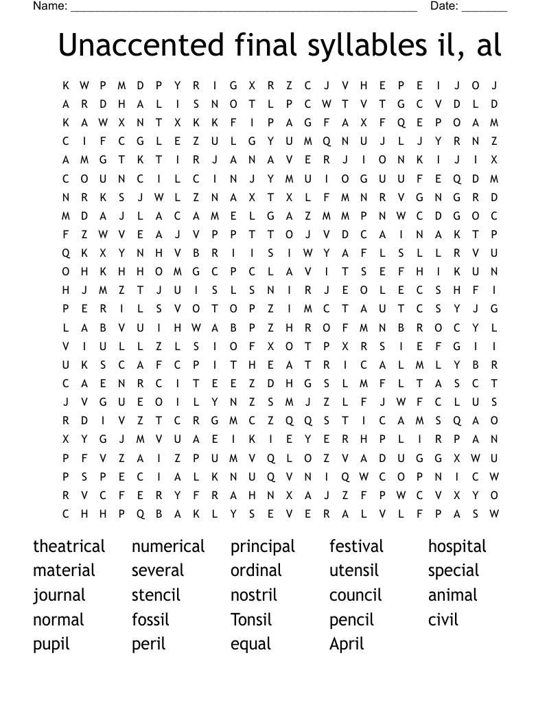 Unaccented final syllables il, al Word Search