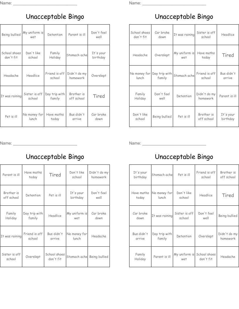 Unacceptable Bingo